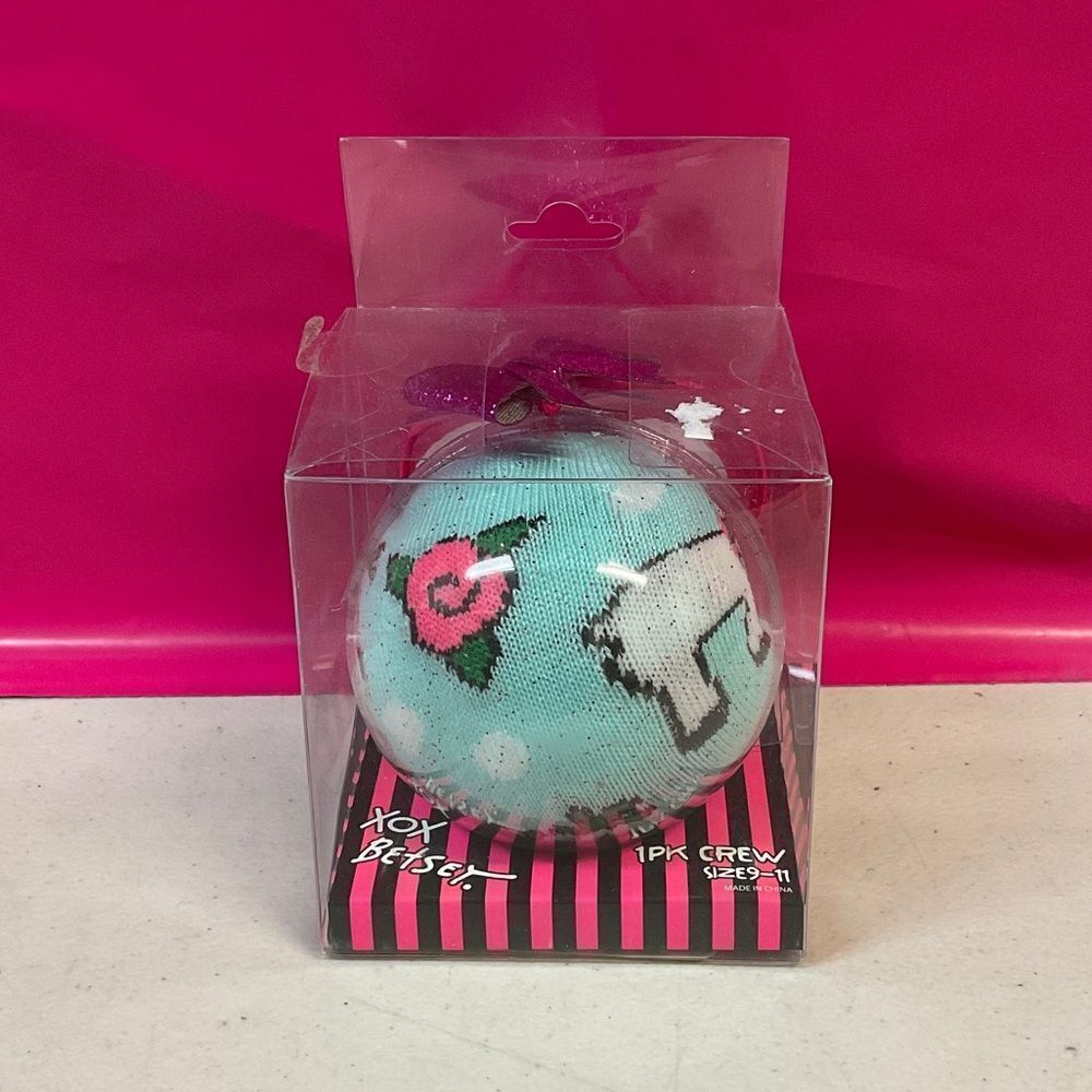 Betsey Johnson Christmas Ornament with Teal Crew Socks with Reindeer Pattern